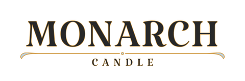 Monarch Candle Company logo with decorative line, "Monarch Candle" black lettering and gold border.