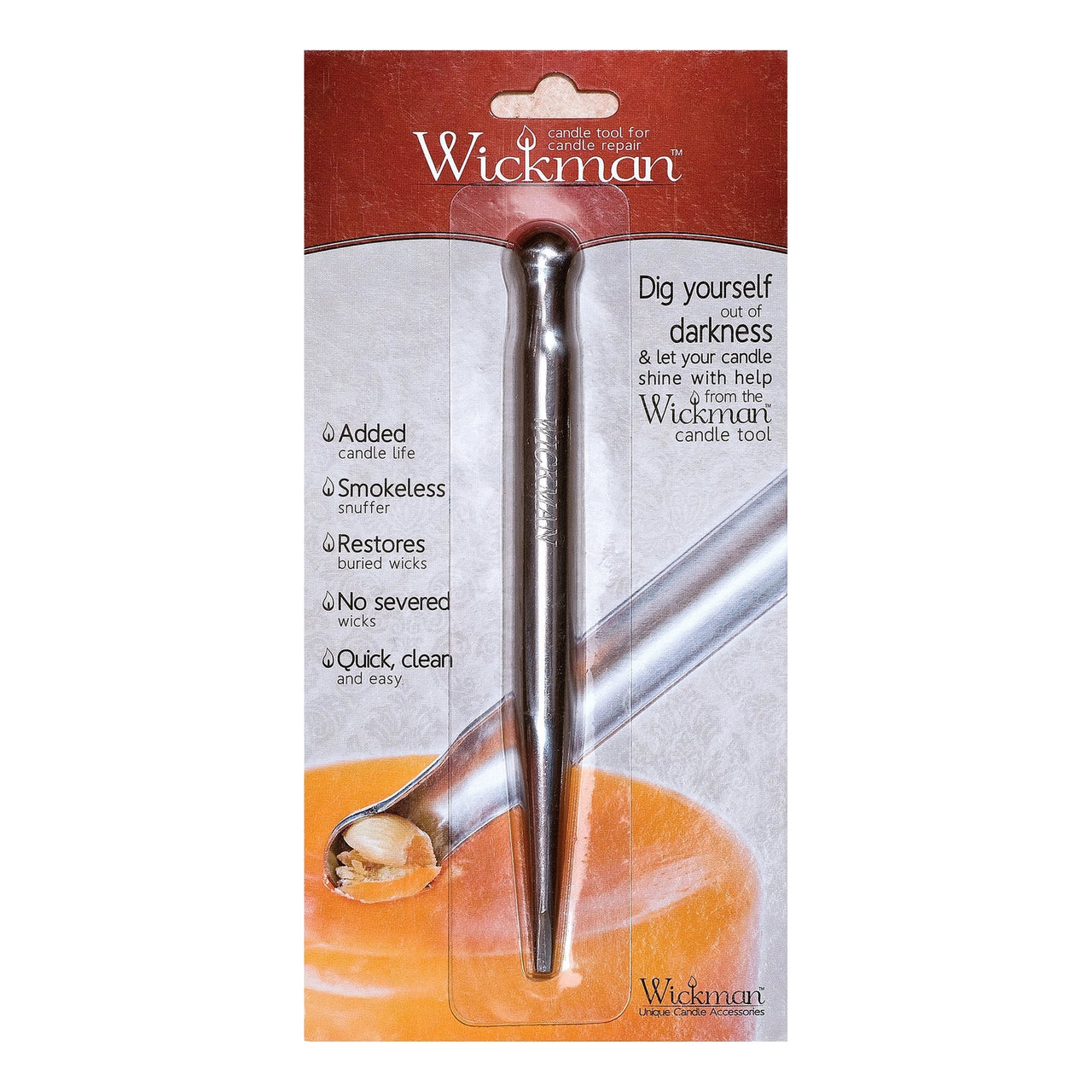 Wickman candle tool packaging with product and features listed