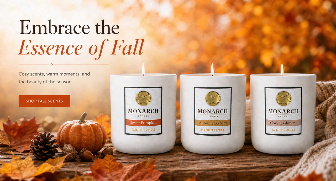 Three white Monarch candles labeled Sweet Pumpkin, Autumn Orchard, and Cozy Cashmere are arranged on a wooden surface with fall leaves, a small pumpkin, and autumn foliage in the background. Headline text on the left reads "Embrace the Essence of Fall" and subtext reads "Cozy scents, warm moments, and the beauty of the season". A fall-colored button reads, "SHOP FALL SCENTS". 