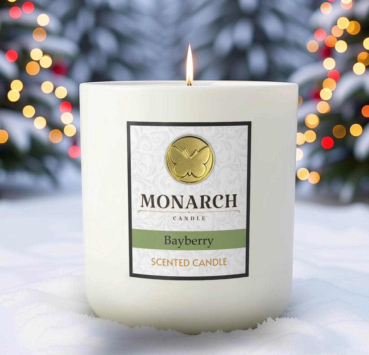 Monarch Candle labeled “Bayberry” glowing gently in a white luxury glass vessel against a warm festive holiday background.