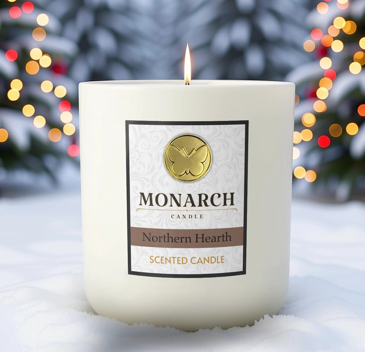 Monarch Candle labeled “Northern Hearth” glowing gently in a white luxury glass vessel against a warm festive holiday background.
