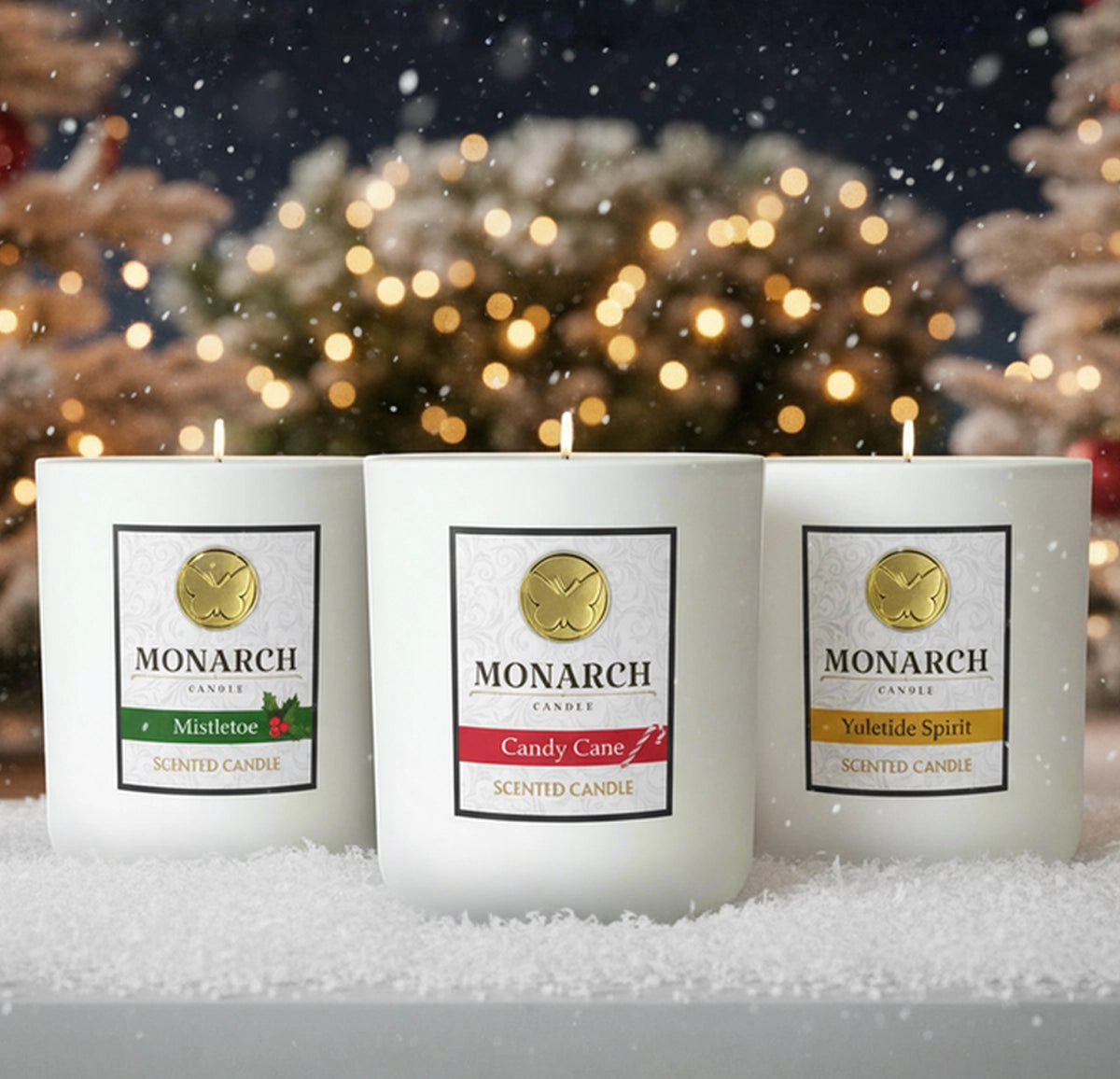 Three Monarch Candles in white luxury glass vessels against a festive holiday background with labels for "Mistletoe", "Candy Cane", and "Yuletide Spirit".