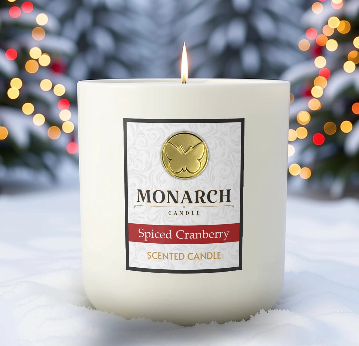 Monarch Candle labeled “Spiced Cranberry” glowing gently in a white luxury glass vessel against a warm festive holiday background.