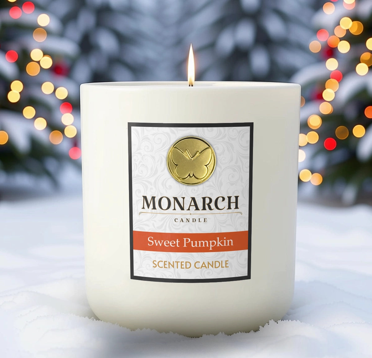 Monarch Candle labeled “Sweet Pumpkin” glowing gently in a white luxury glass vessel against a warm festive holiday background.