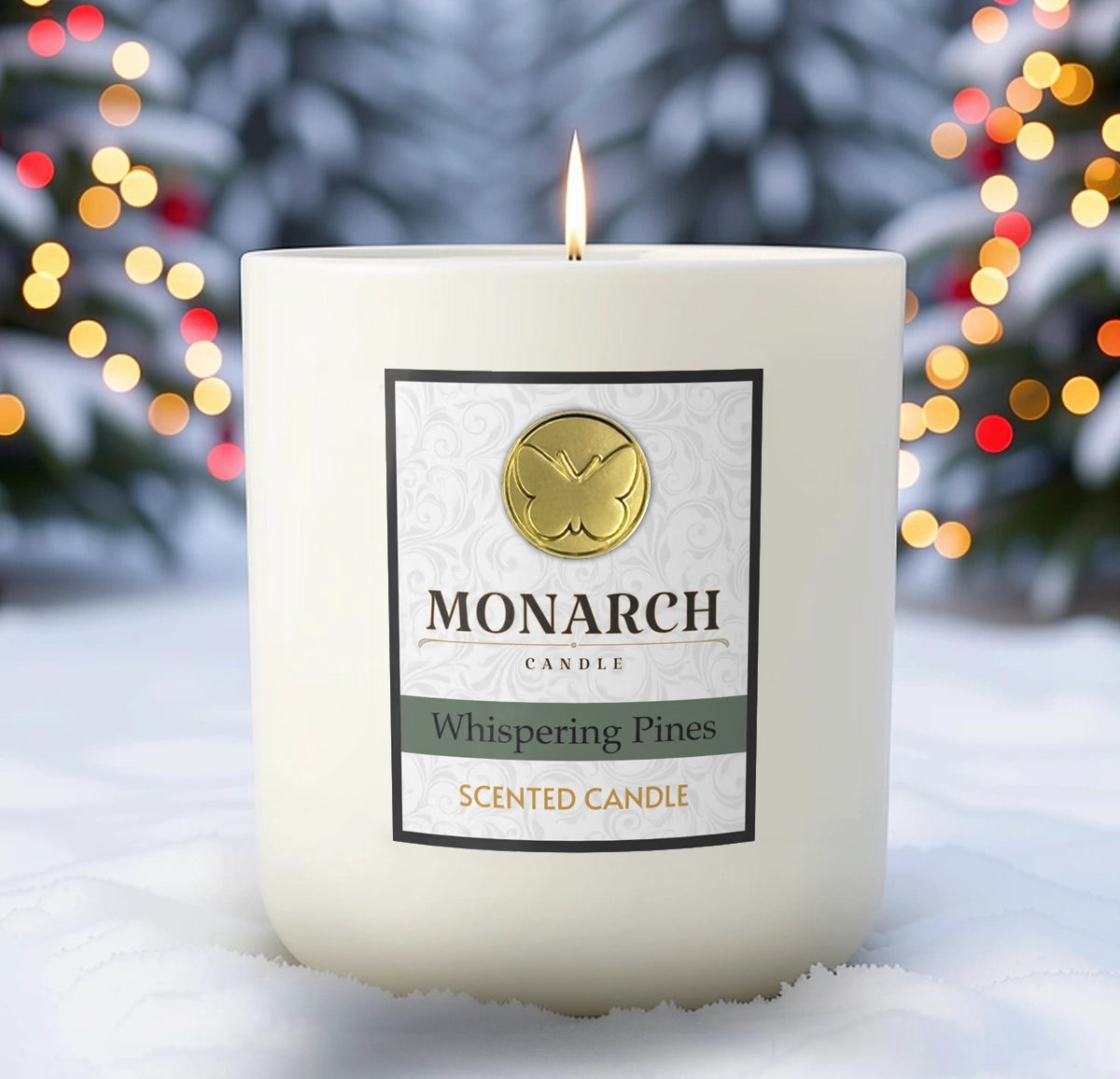 Monarch Candle labeled “Whispering Pines” glowing gently in a white luxury glass vessel against a warm festive holiday background.