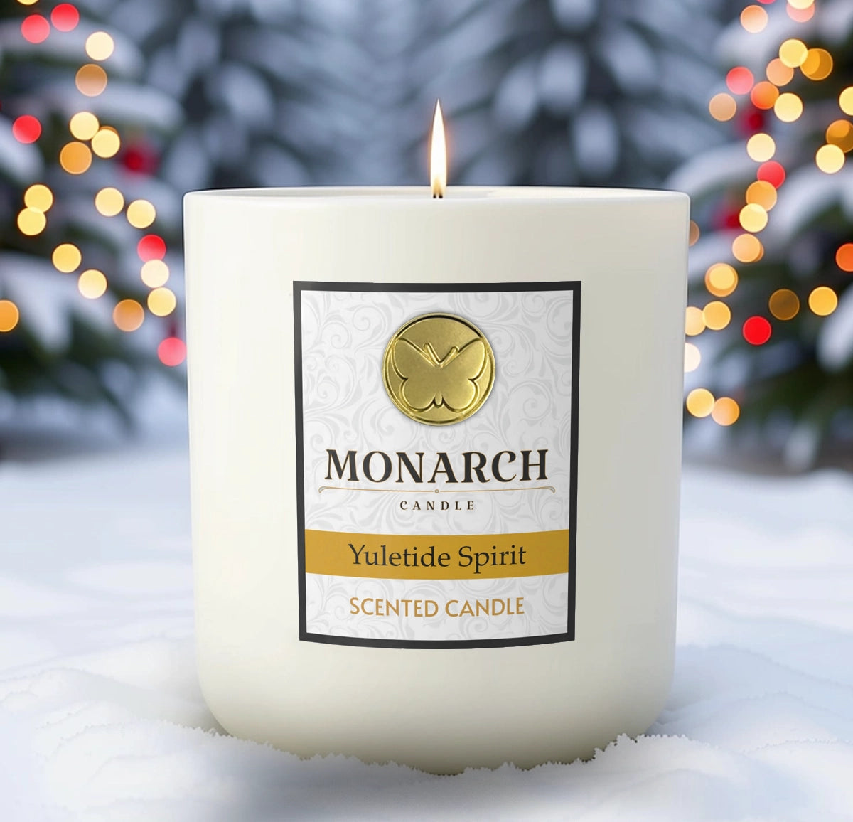Monarch Candle labeled “Yuletide Spirit” glowing gently in a white luxury glass vessel against a warm festive holiday background.