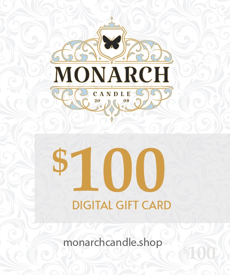 Monarch Candle $100 digital gift card with decorative elements on a white background