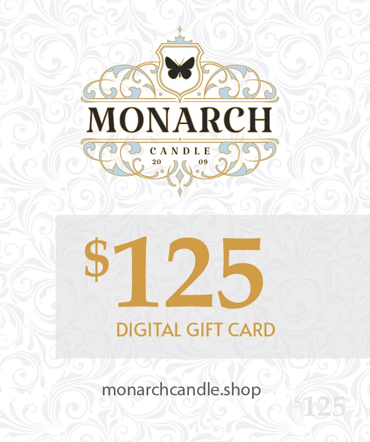 Monarch Candle $125 digital gift card with decorative elements on a white background