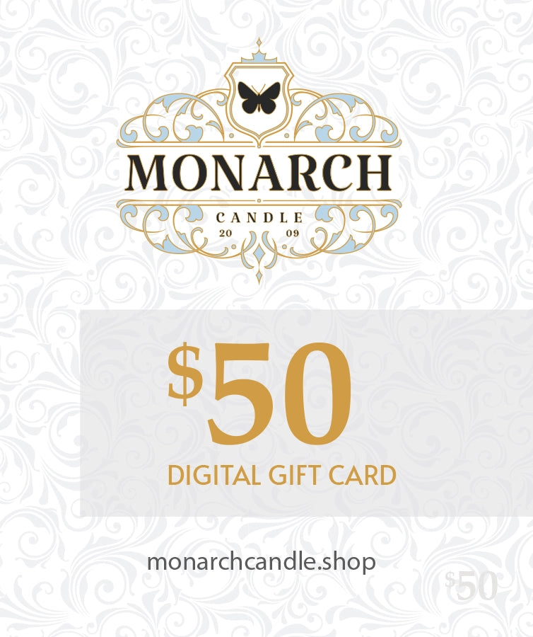 Monarch Candle $50 digital gift card with decorative elements on a white background
