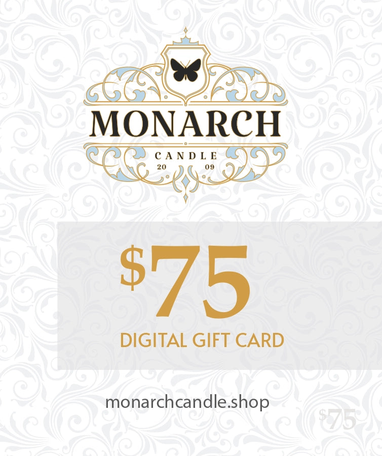 Monarch Candle $75 digital gift card with decorative elements on a white background
