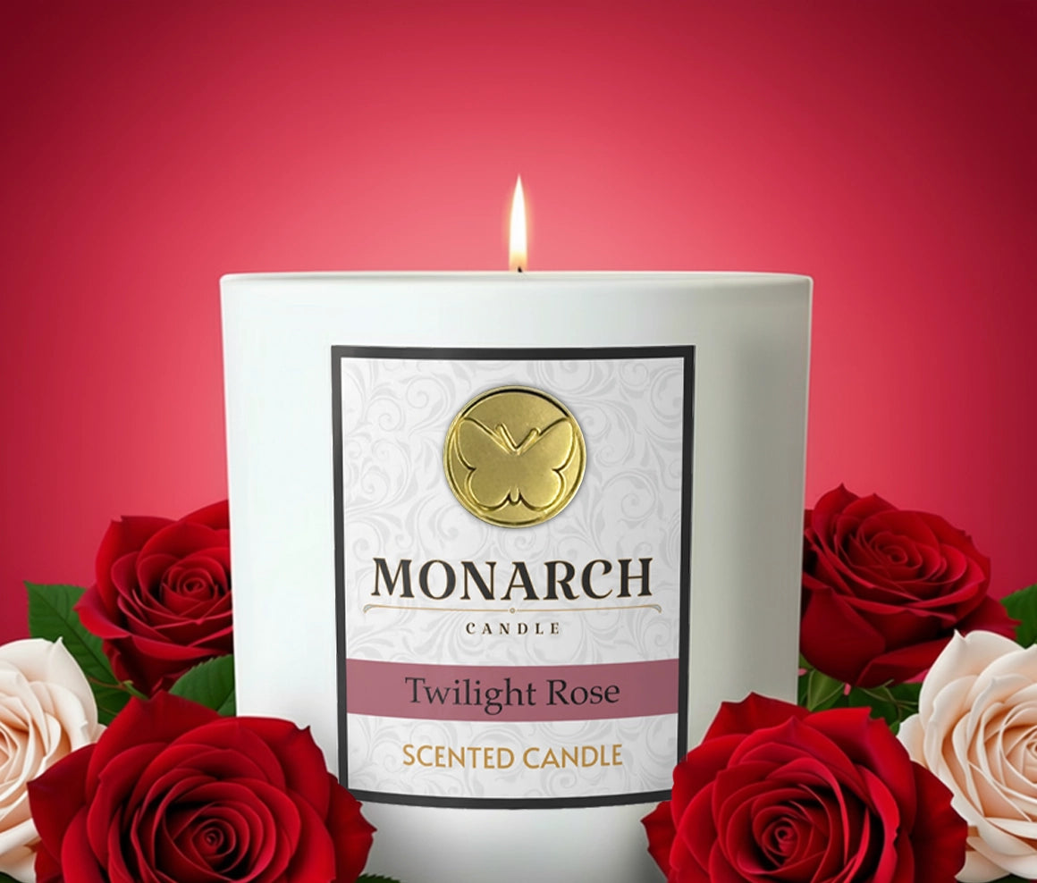 Monarch Candle Twilight Rose scented candle surrounded by red and pink roses on a red background
