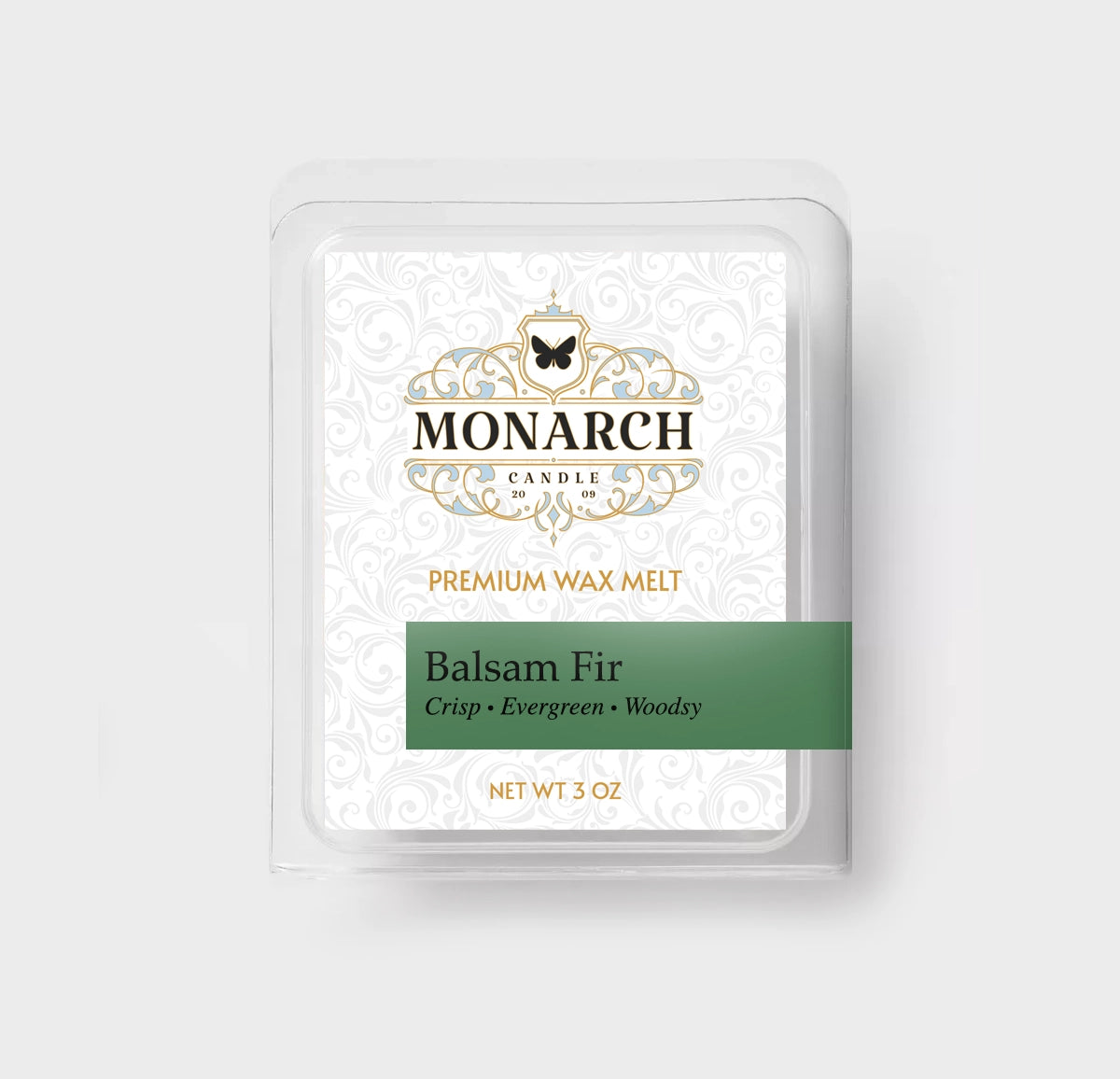 Monarch Candle premium wax melt packaging labeled “Balsam Fir” displayed on a neutral gray background.