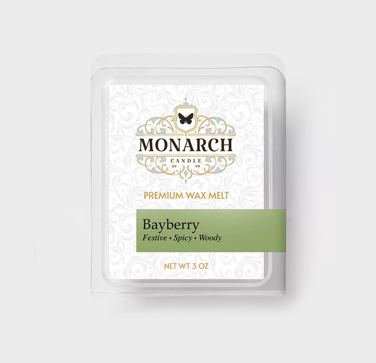 Monarch Candle premium wax melt packaging labeled “Bayberry” displayed on a neutral gray background.