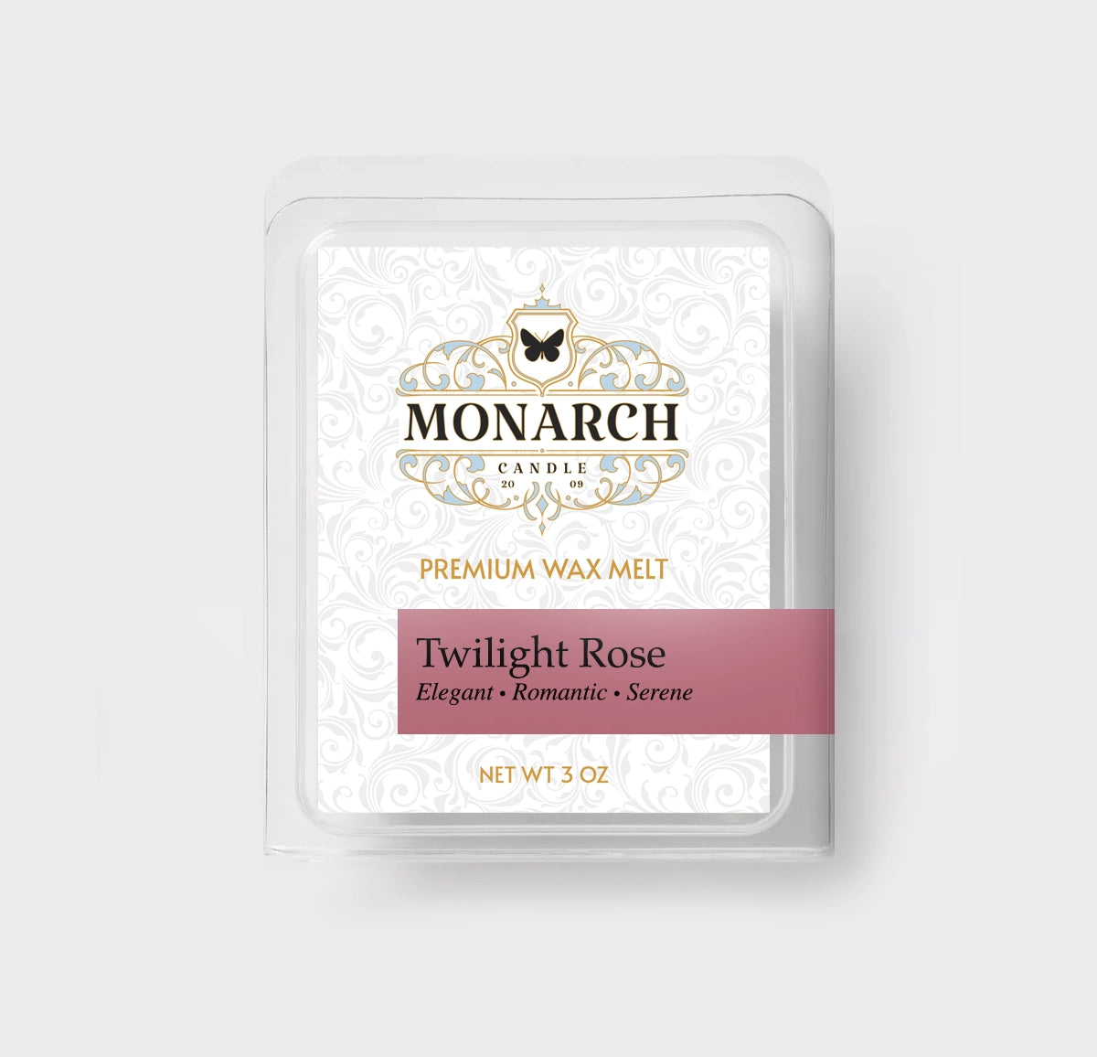 Monarch Candle premium wax melt packaging labeled “Twilight Rose” displayed on a neutral gray background.