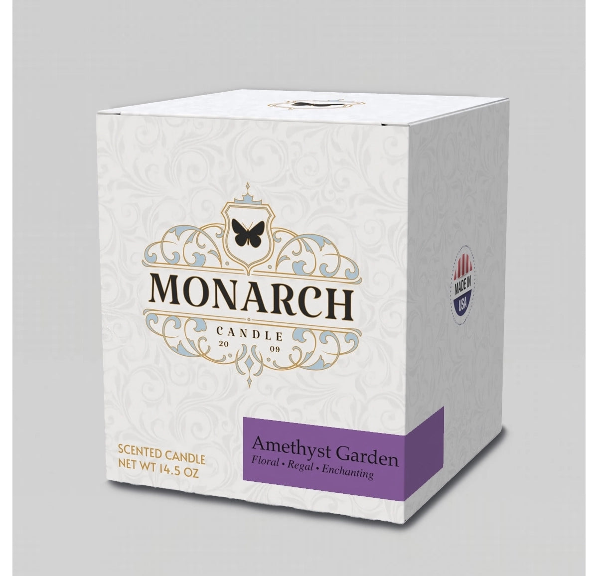 Monarch Candle box with "Amethyst Garden" scent label.
