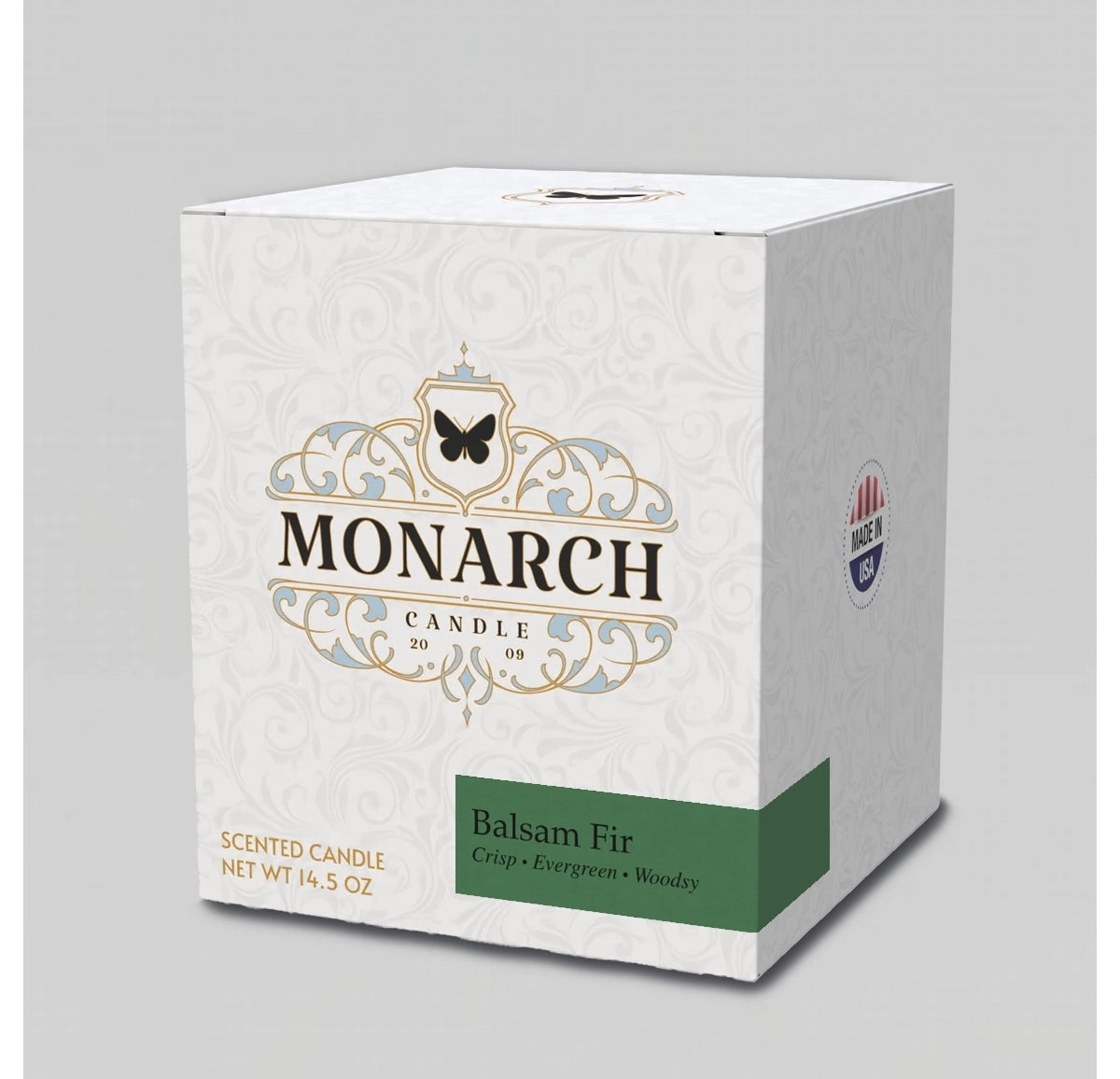 Monarch Candle box with "Balsam Fir" scent label.