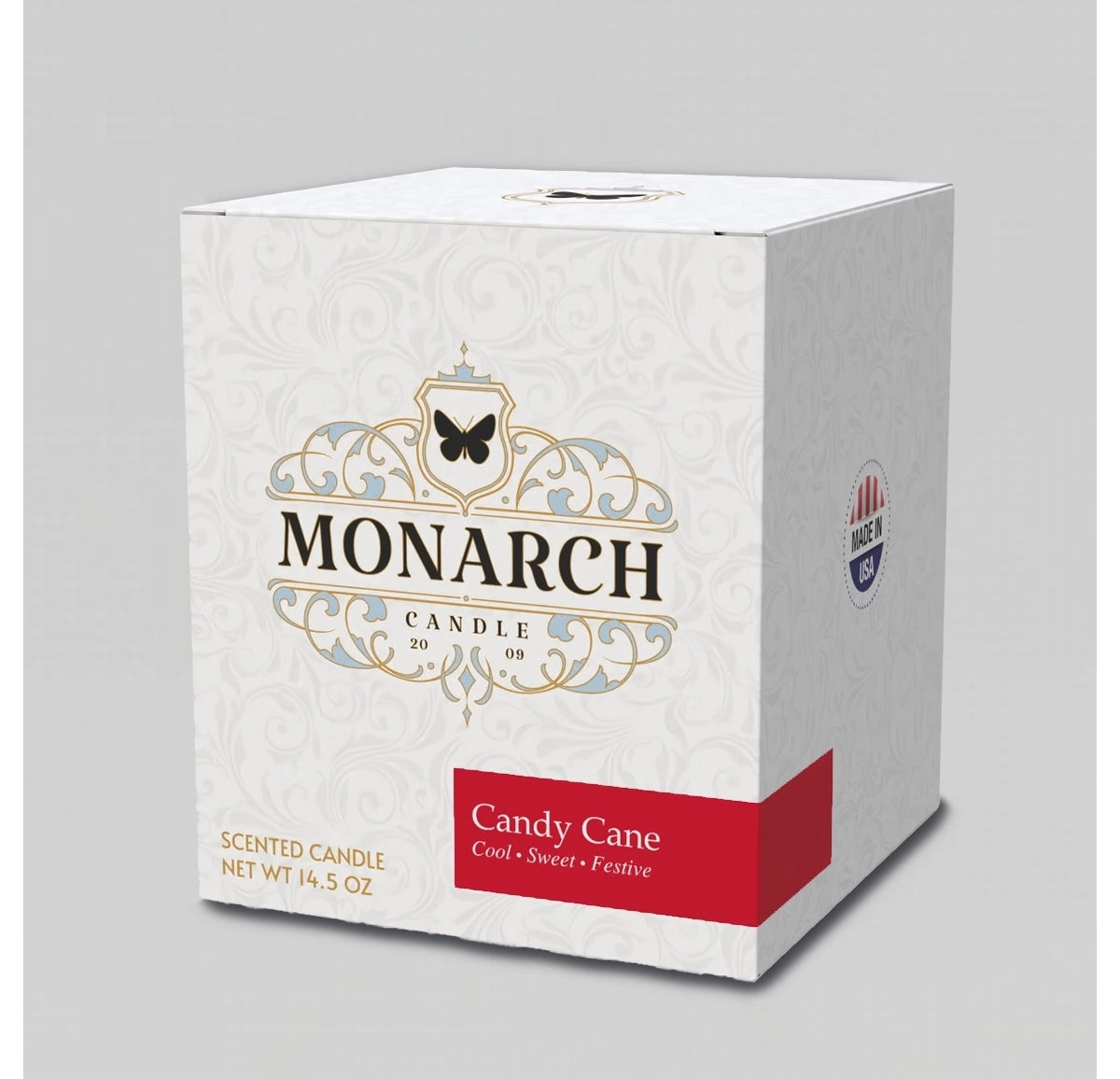 Monarch Candle box with "Candy Cane" scent label.
