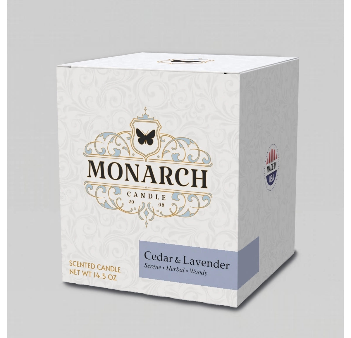 Monarch Candle box with "Cedar & Lavendar" scent label.