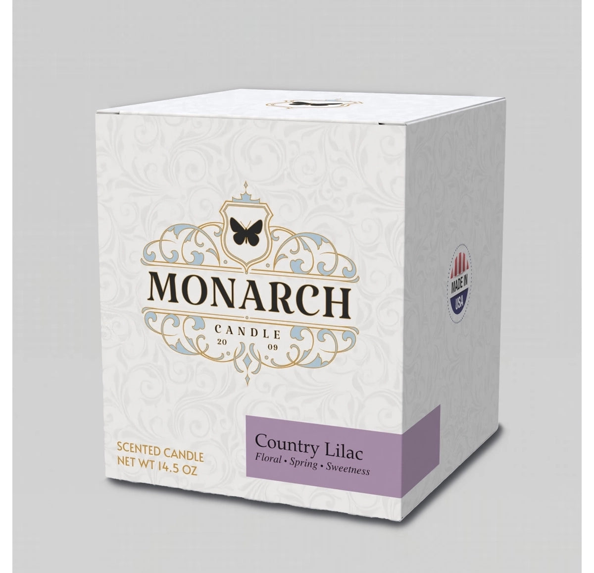 Monarch Candle box with "Country Lilac" scent label.