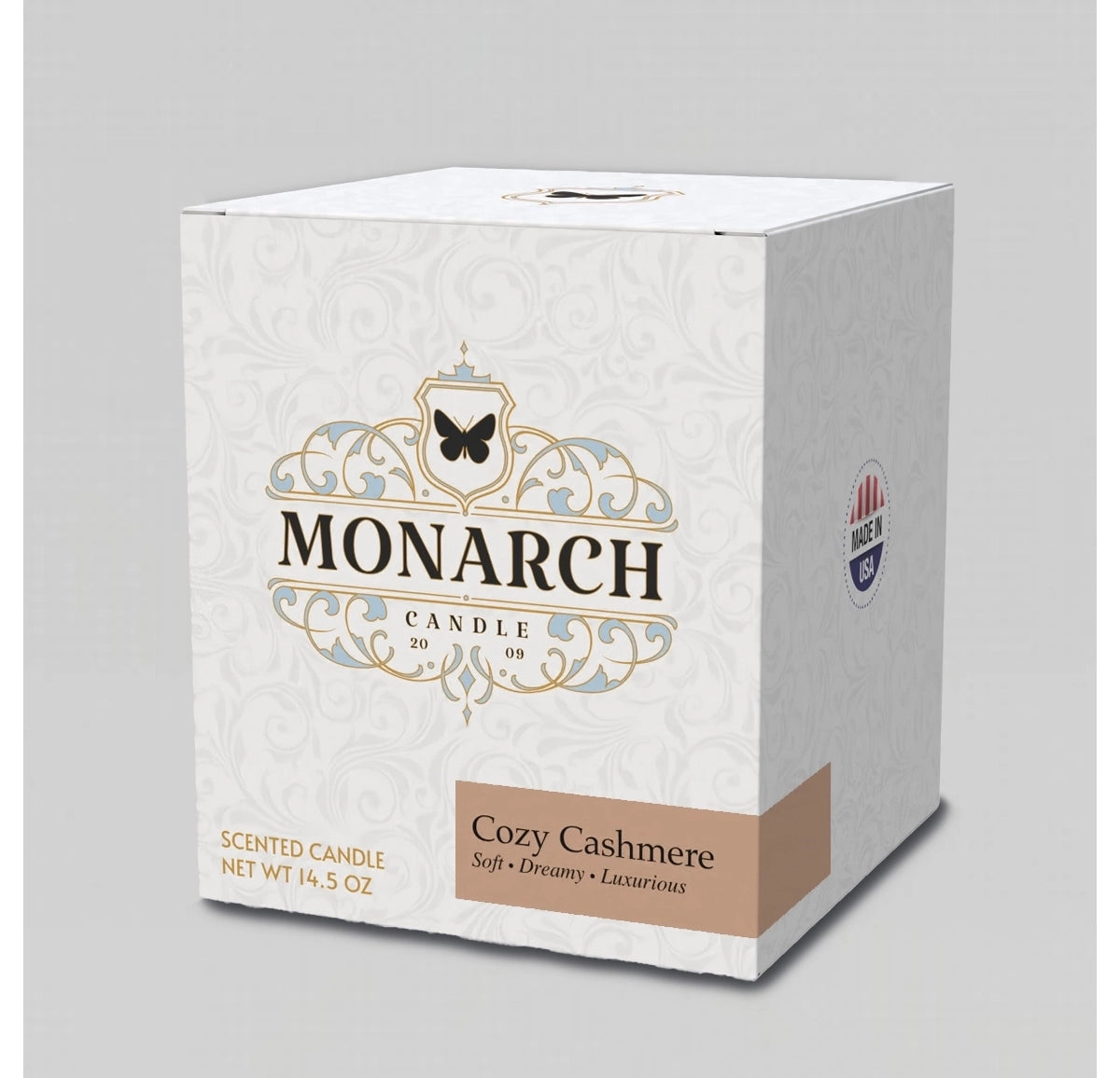 Monarch Candle box with "Cozy Cashmere" scent label.