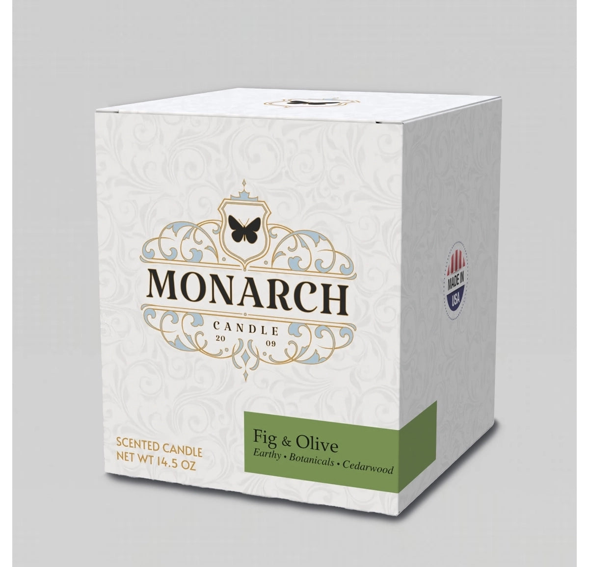 Monarch Candle box with "Fig & Olive" scent label.
