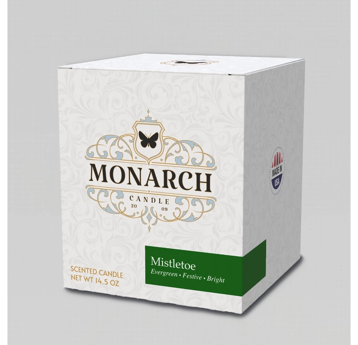 Monarch Candle box with "Mistletoe" scent label.