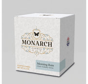 Monarch Candle box with "Morning Rain" scent label.