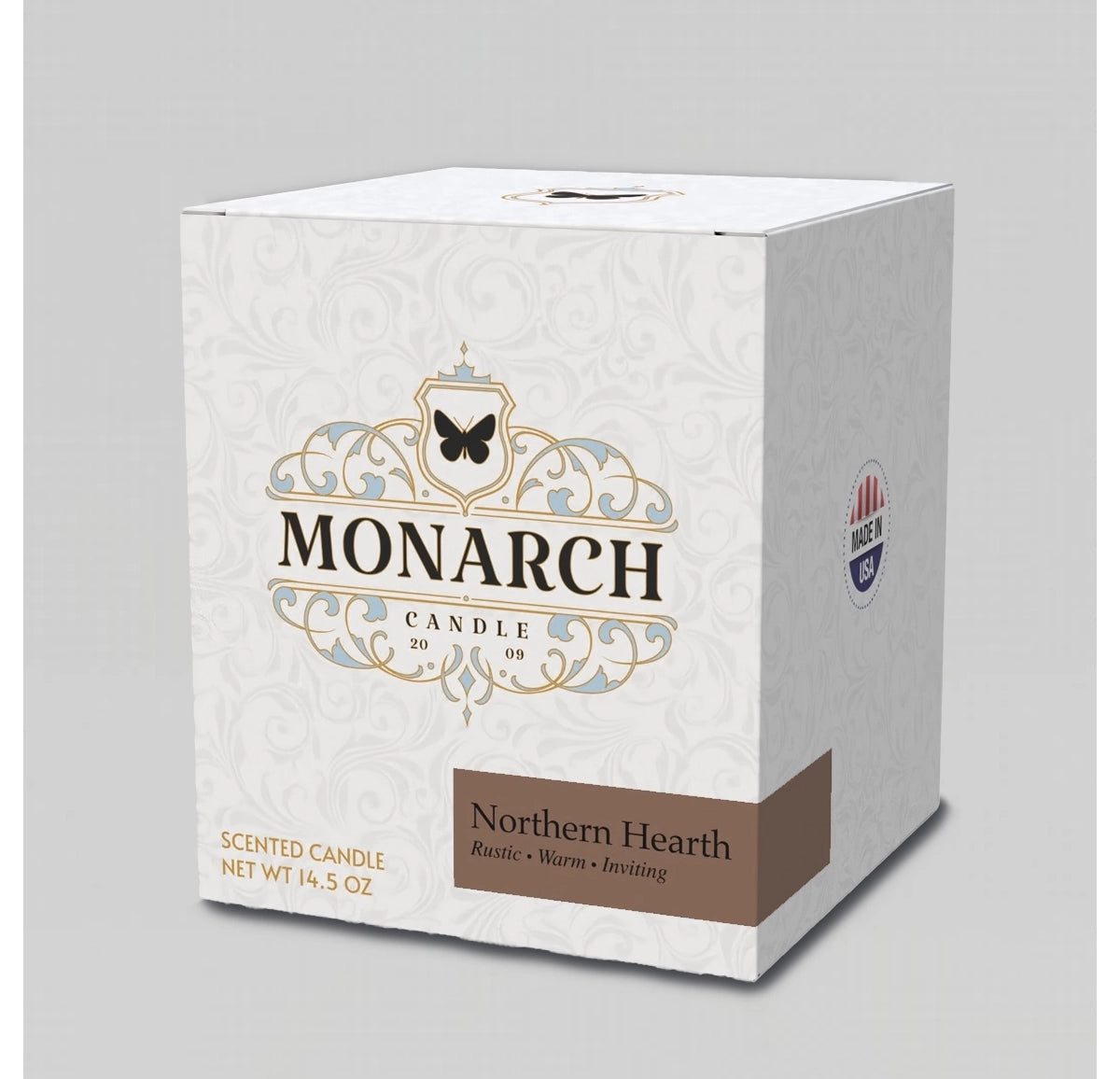Monarch Candle box with "Northern Hearth" scent label.