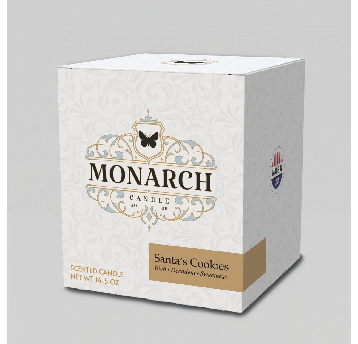 Monarch Candle box with "Santa's Cookies" scent label.