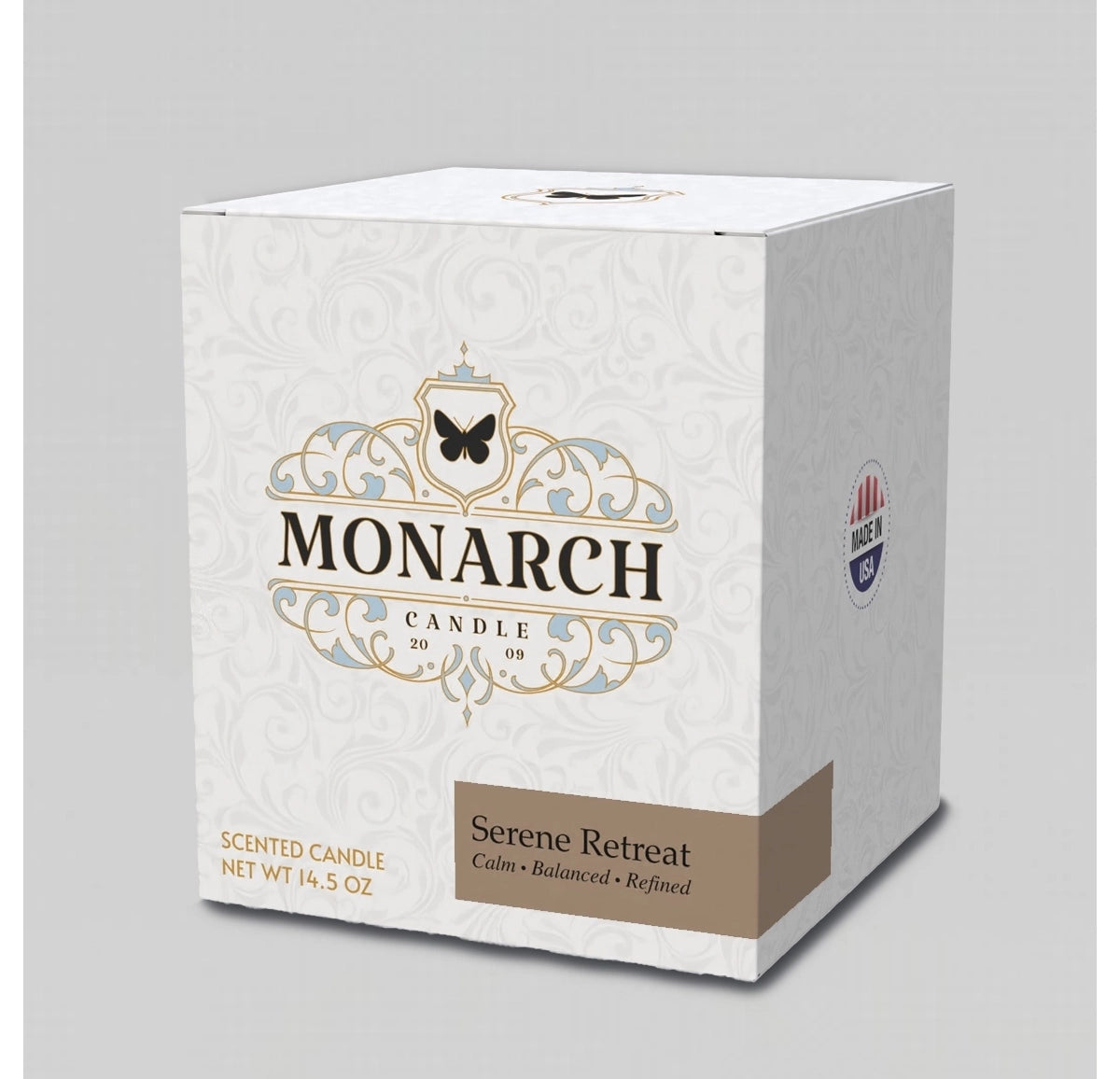 Monarch Candle box with "Serene Retreat" scent label.
