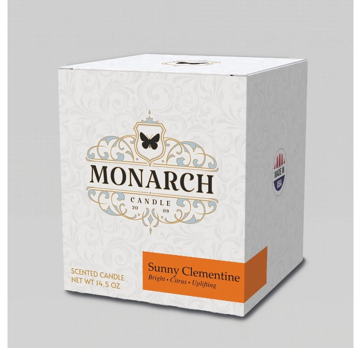 Monarch Candle box with "Sunny Clementine" scent label.