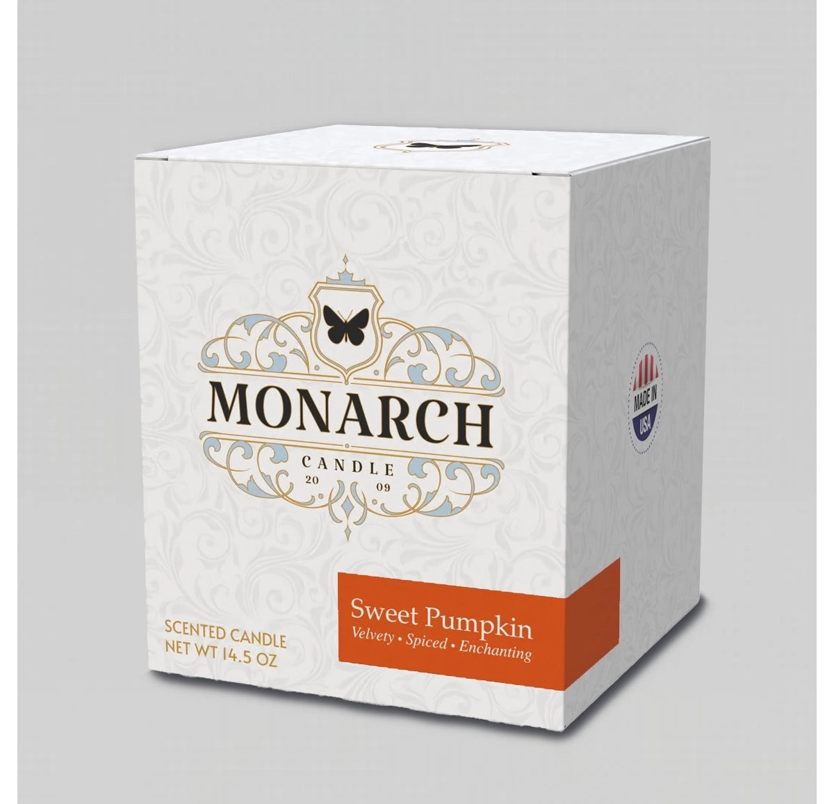 Monarch Candle box with "Sweet Pumpkin" scent label.