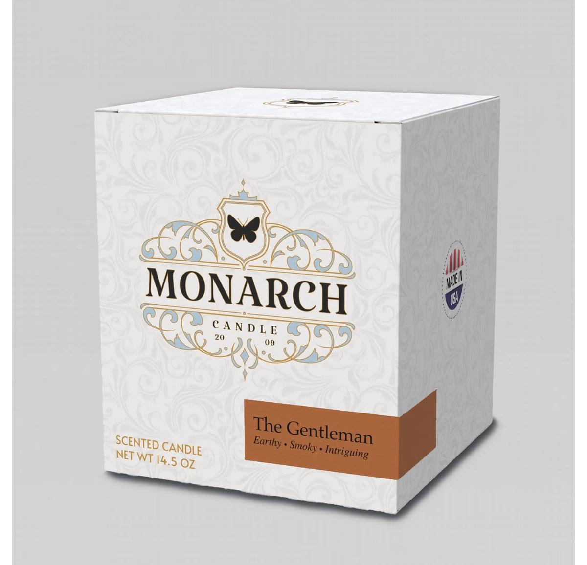 Monarch Candle box with "The Gentleman" scent label.