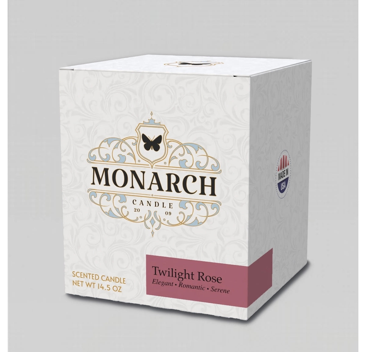 Monarch Candle box with "Twilight Rose" scent label.