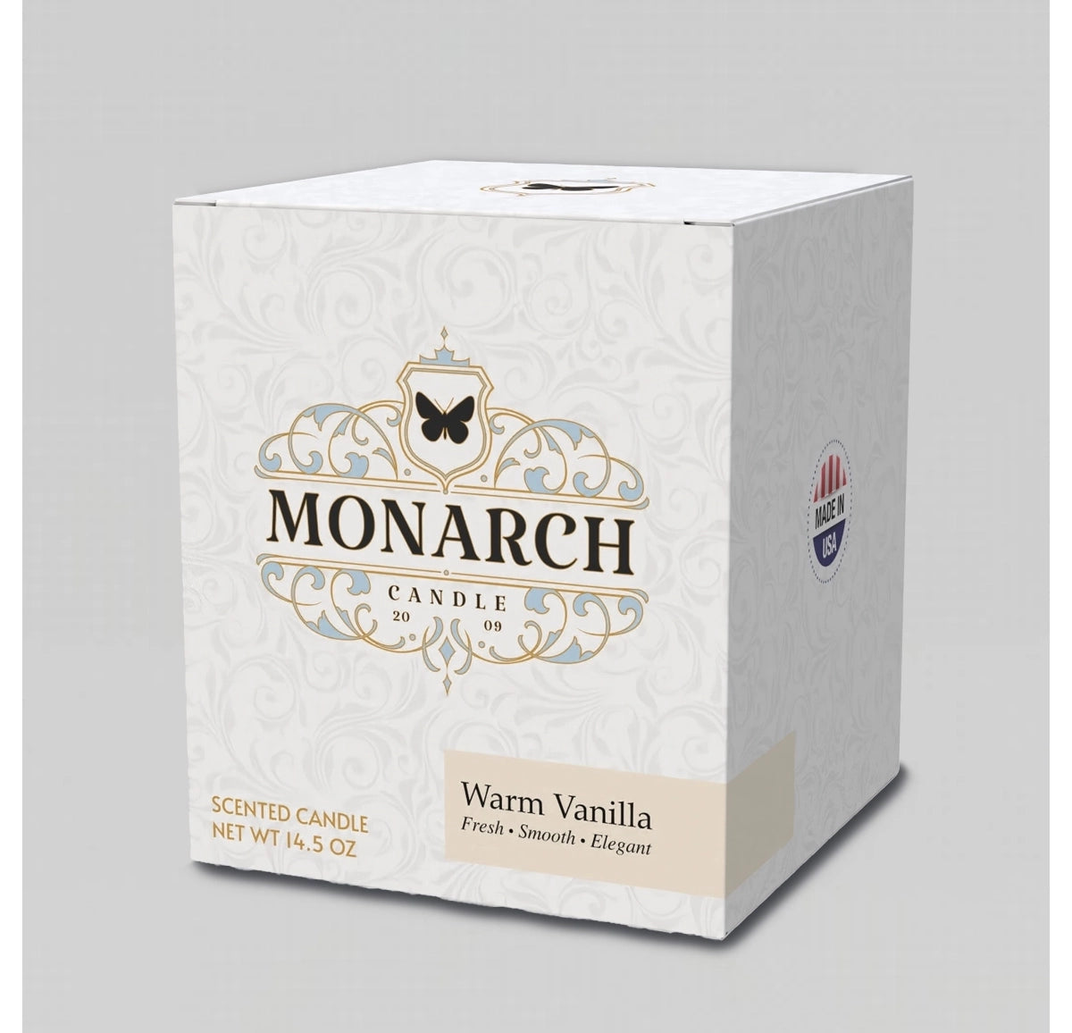 Monarch Candle box with "Warm Vanilla" scent label.