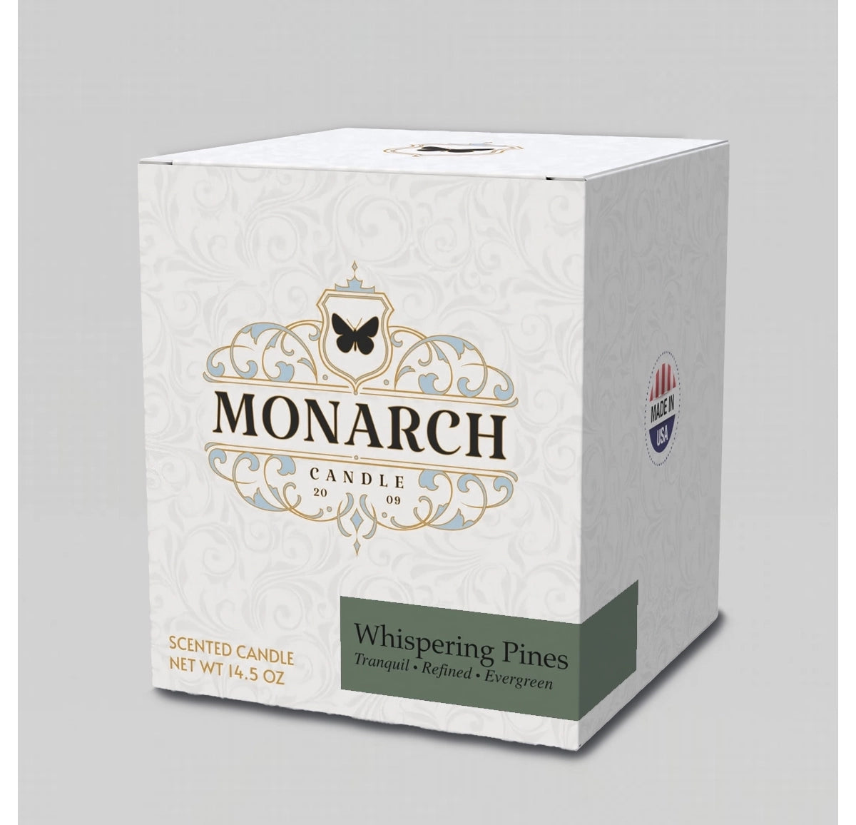 Monarch Candle box with "Whispering Pines" scent label.