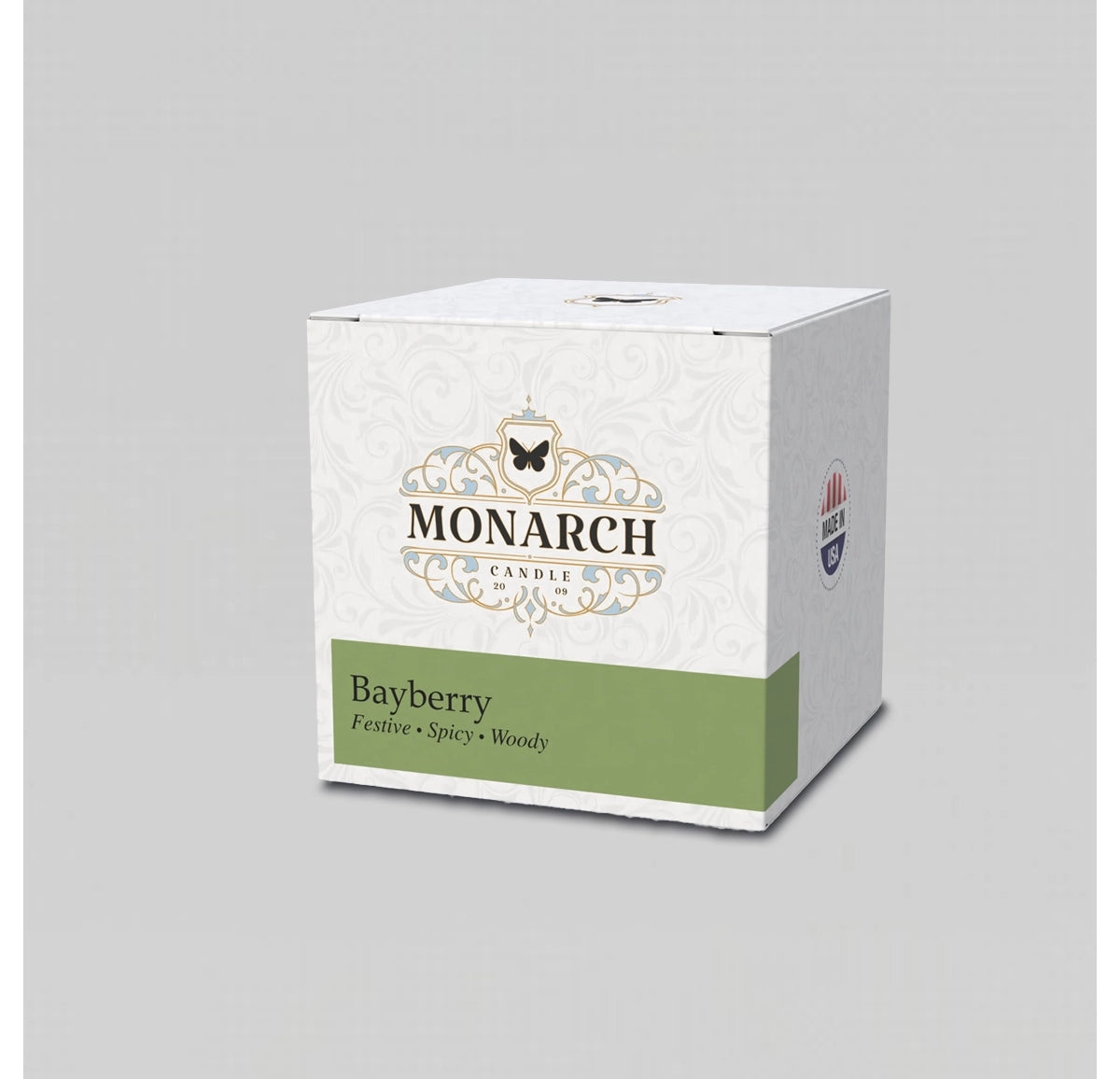 Monarch Candle votive box packaging labeled “Bayberry” displayed on a neutral gray background.