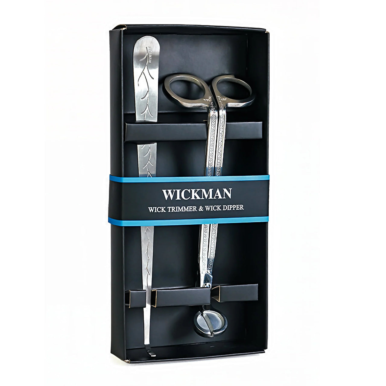 Stainless steel wick trimmer and dipper set in a black gift box with the Wickman brand visible on the label on white background.