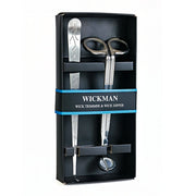 Stainless steel wick trimmer and dipper set in a black gift box with the Wickman brand visible on the label on white background.
